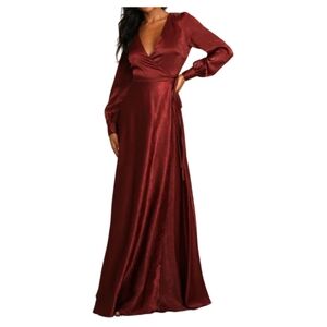 Lulus, Burgundy Satin Button Sleeve Wrap Maxi Dress, Medium size